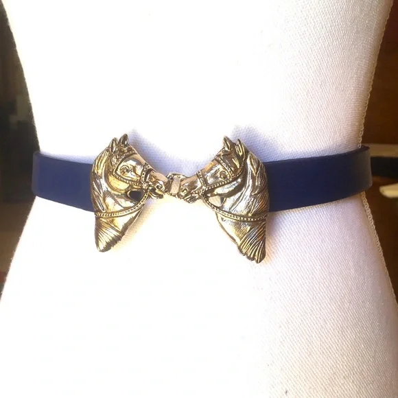MOVING SALE!! Raina Navy Blue Leather Belt Horsehead Clasp S-M - Picture 1 of 5